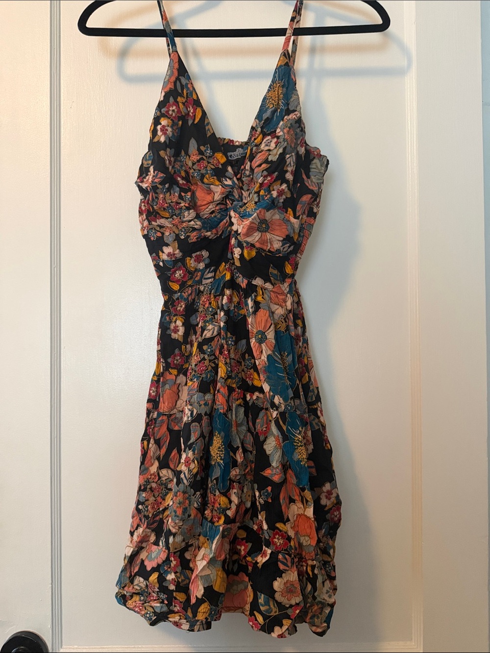Angie Black Floral Spaghetti-Strap Dress with Multicolor Blooms